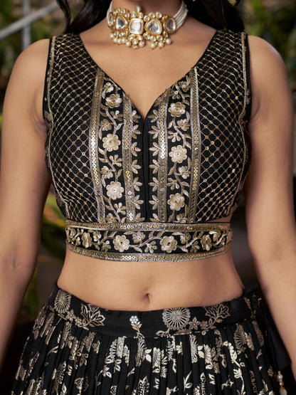 Black Embroidered Women Lehenga Choli with Dupatta for Engagement 