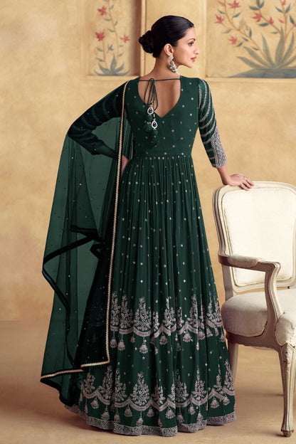 Dark Green Anarkali Gown For Wedding With Embroidery Work - Indian Bridal Wear