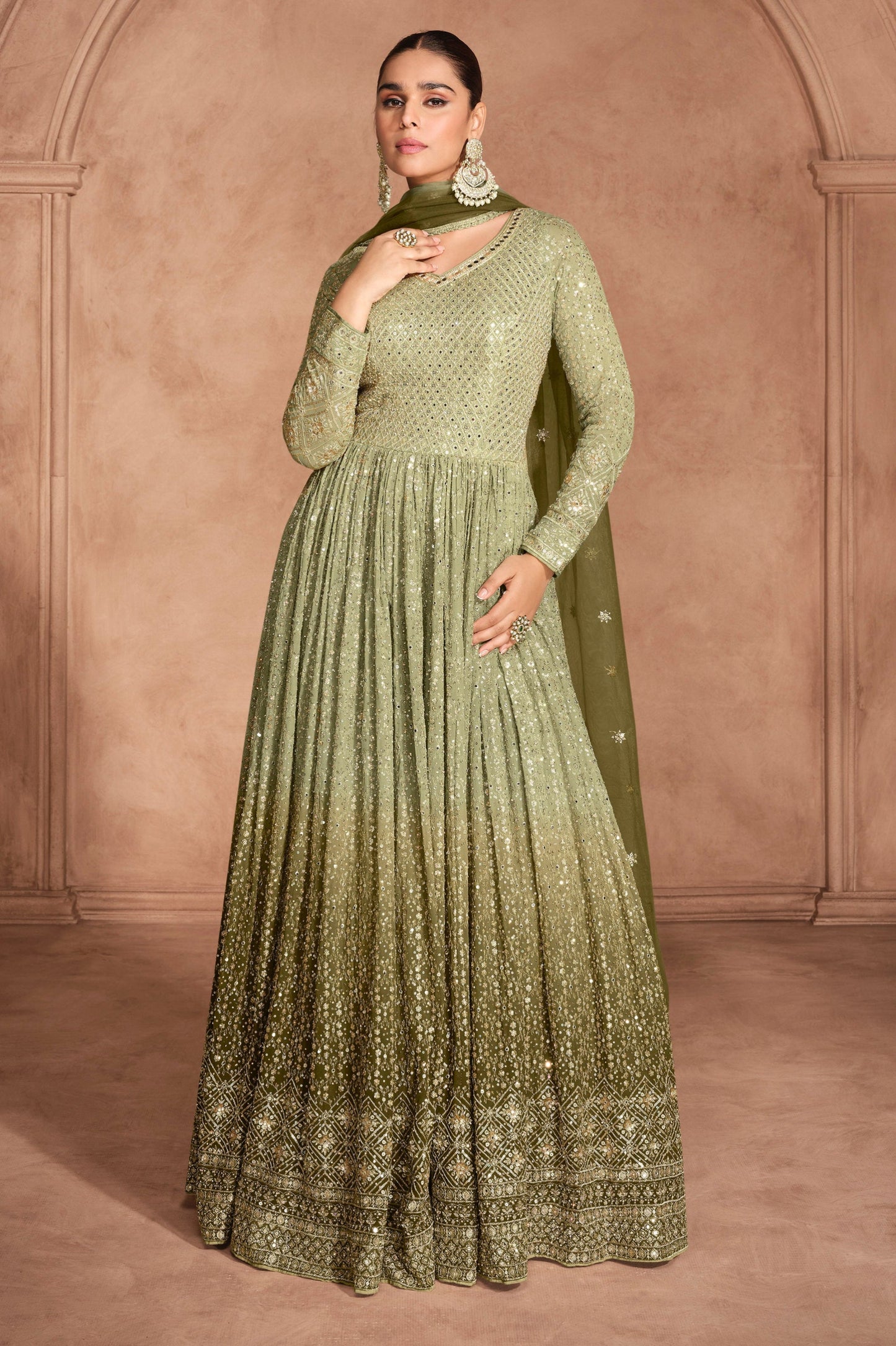 Green Anarkali Suit For Embroidered Worked With Gorgettle Dupatta Gown