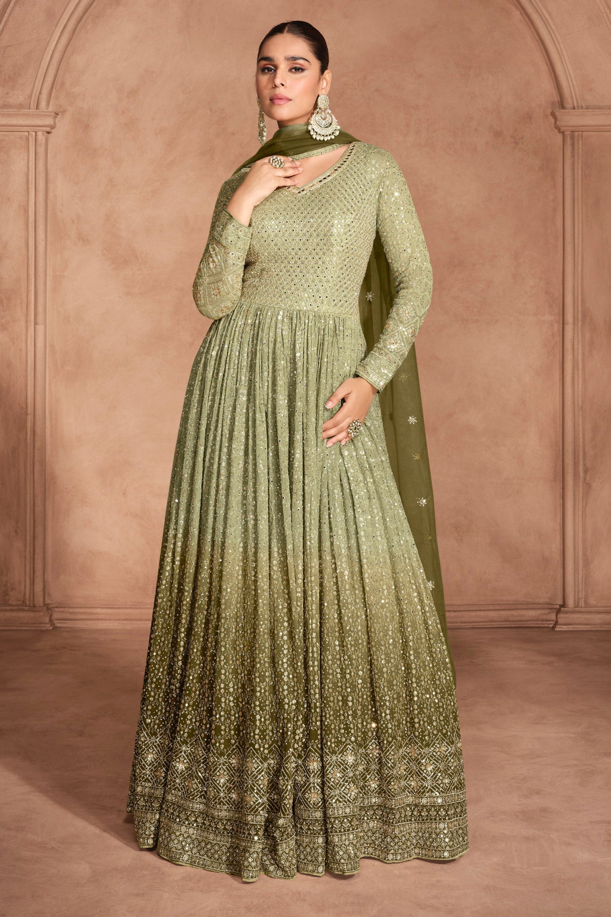 Green Anarkali Suit For Embroidered Worked With Gorgettle Dupatta Gown