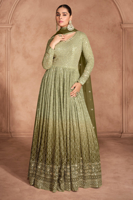 Green Anarkali Suit For Embroidered Worked With Gorgettle Dupatta Gown