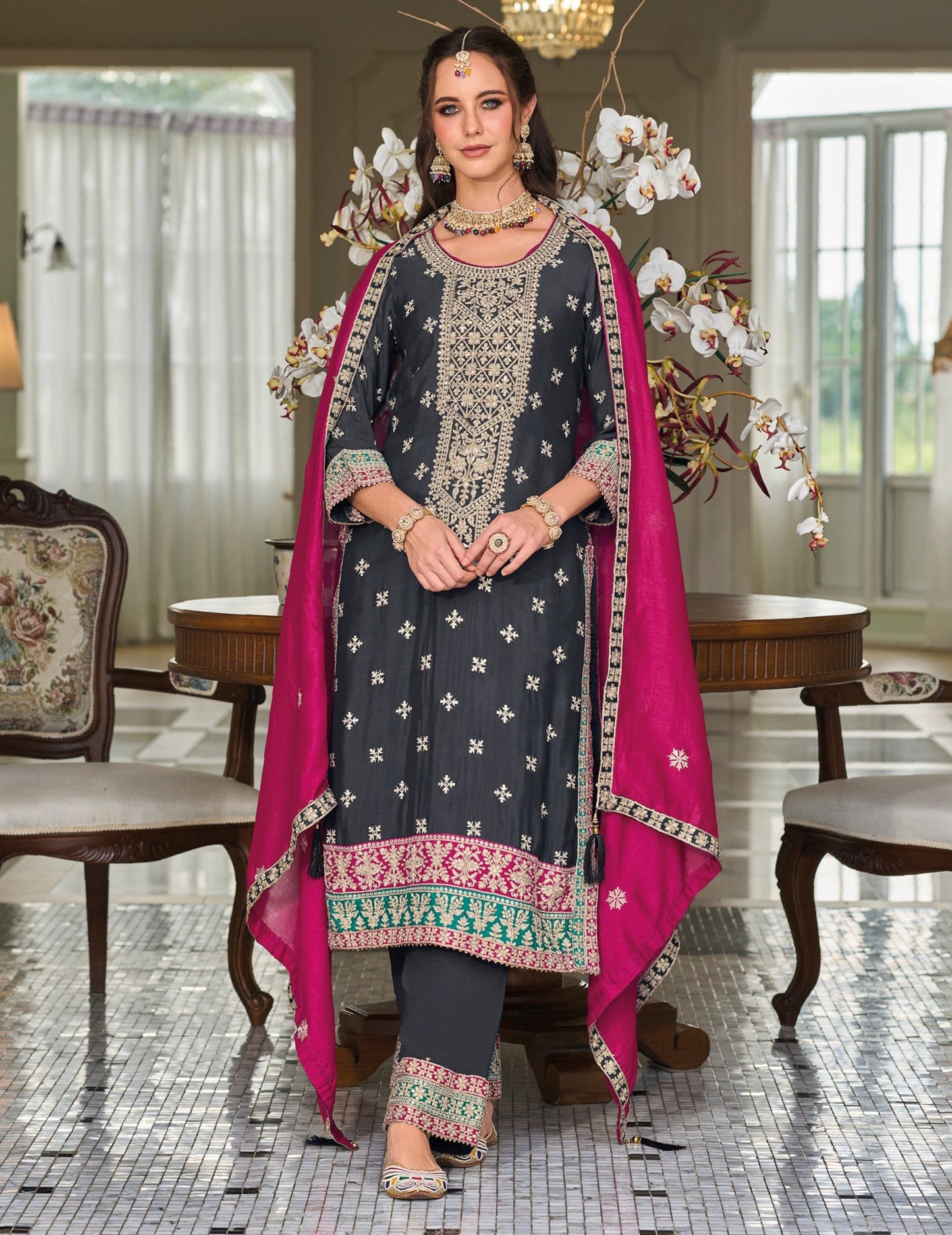Elegant Black Salwar Kameez Set -  Complete 3-Piece Outfit with Embroidered Top, Bottom and Dupatta for Weddings