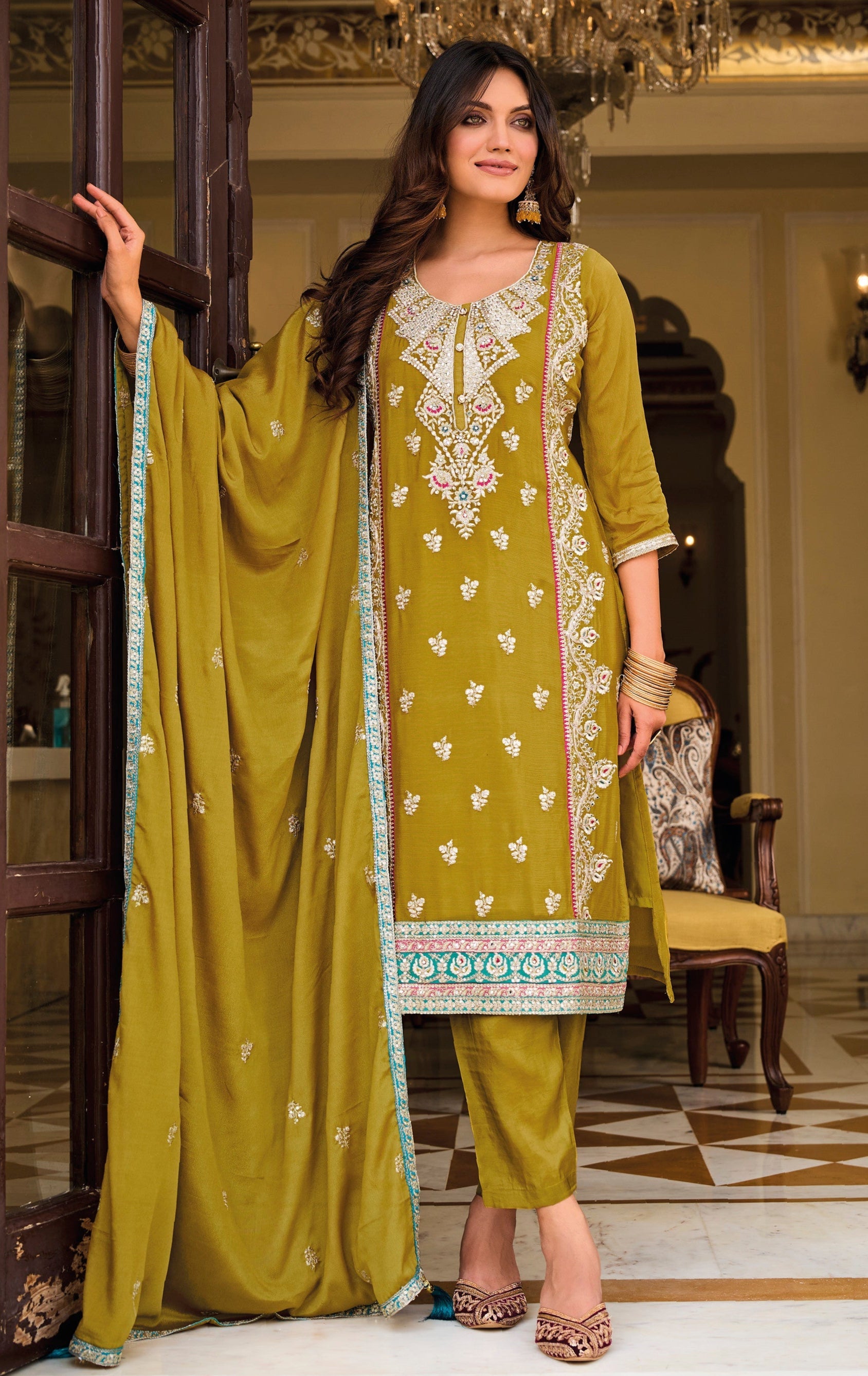 Full-Length Mustard Yellow Salwar Kameez Set with Pure Silk Bottom and Embroidered Dupatta for Weddings
