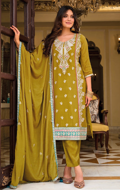 Full-Length Mustard Yellow Salwar Kameez Set with Pure Silk Bottom and Embroidered Dupatta for Weddings