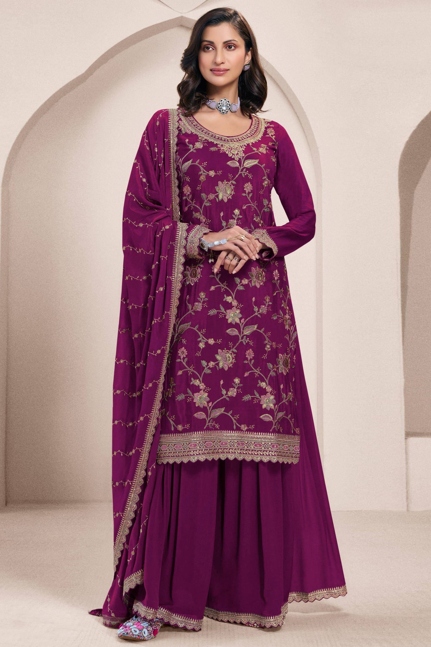 Trendy Wine Floral Embroidered Dress 