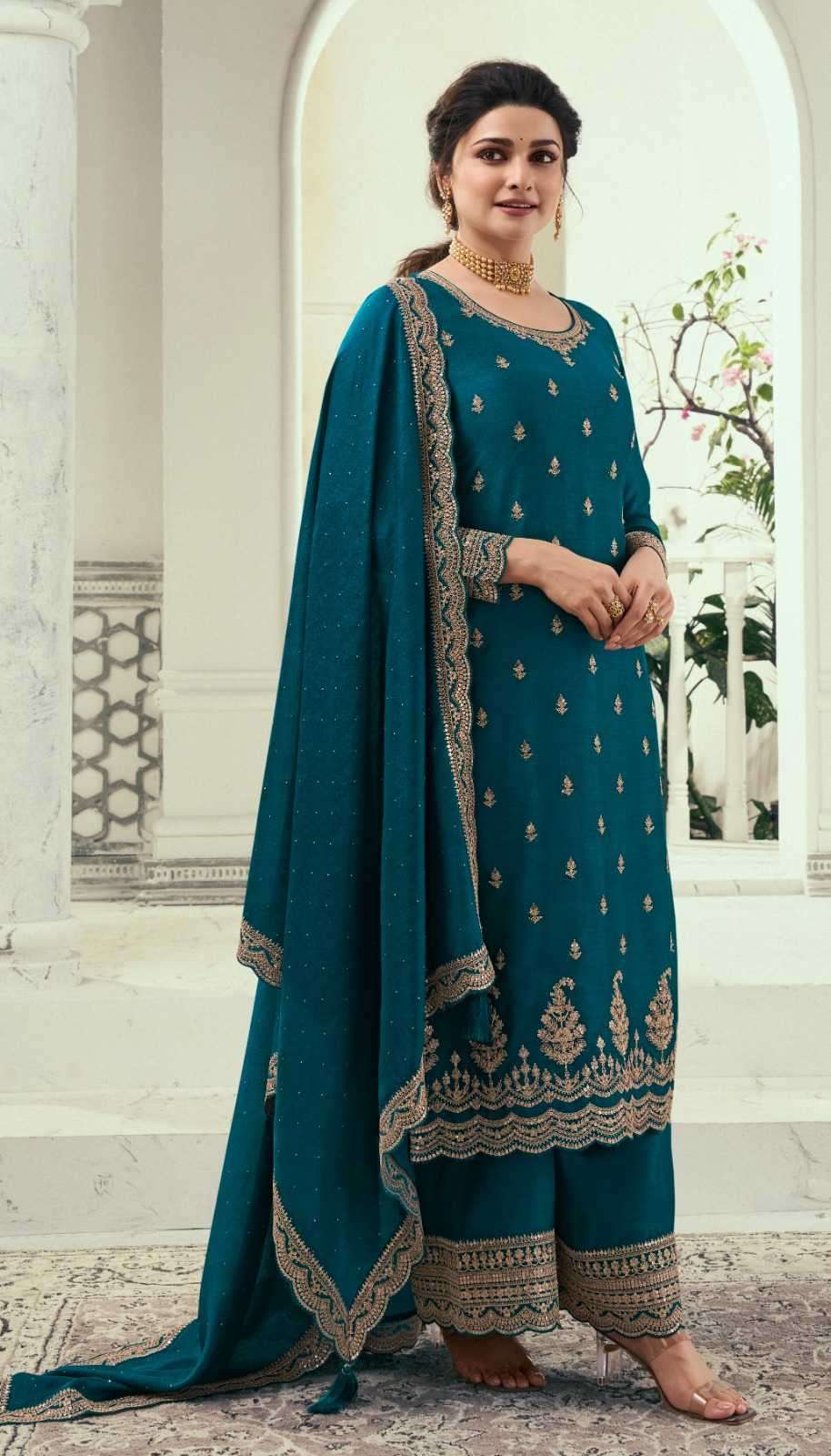 Teal Embroidered Wedding Function Palazzo Suit 