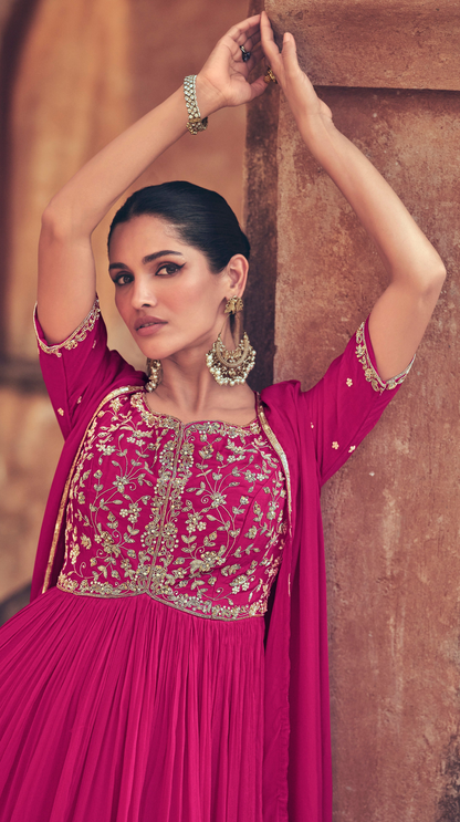 Stylish Eid Party Full-Length Chinon Silk Pink Anarkali Gown With Dupatta Suit