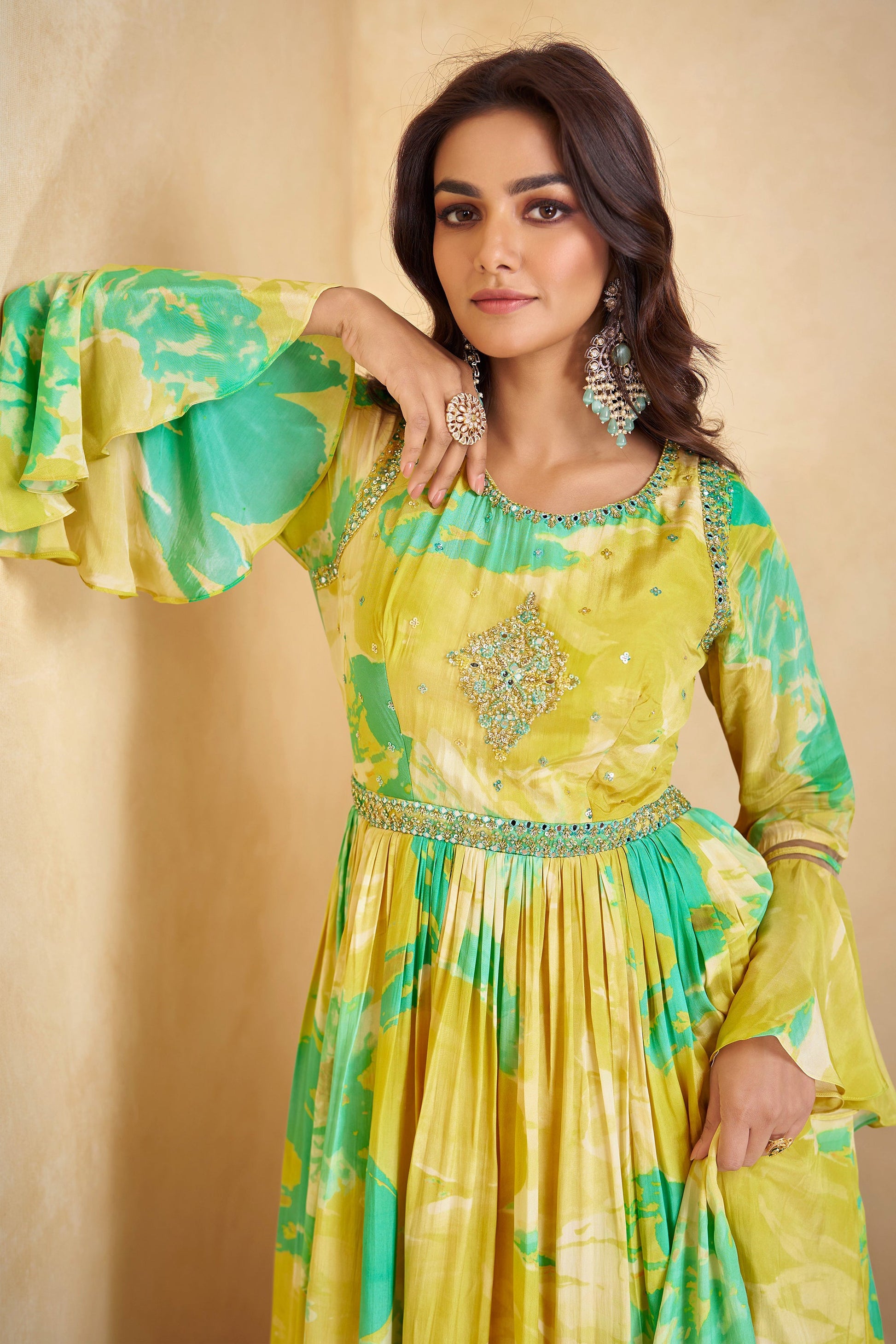 Yellow Anarkali Suit Chinon Silk Short Flower Printed With Net Dupatta Gown