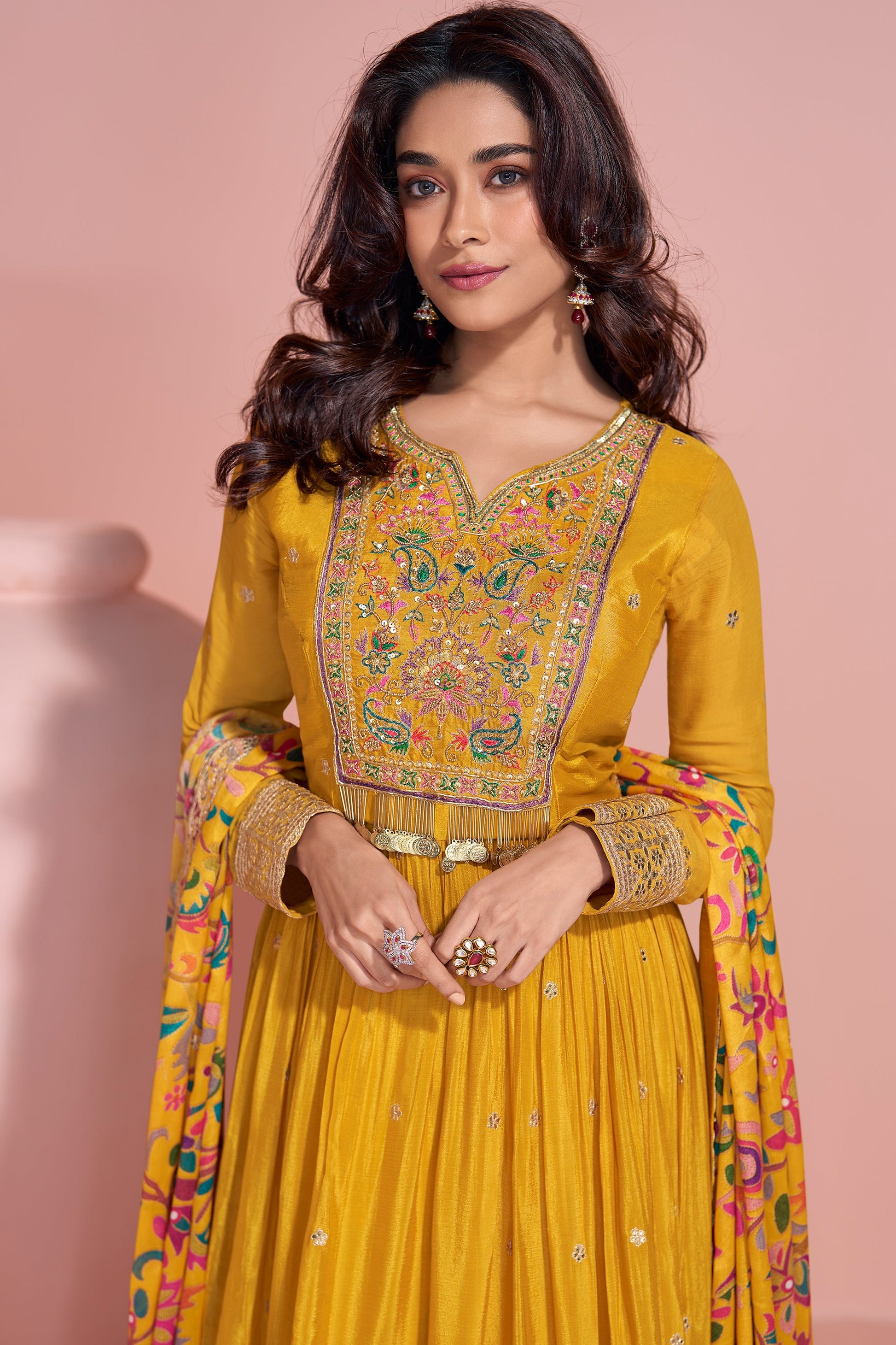 Indian Chinon Women's Wear Long Anarkali Gown for Haldi with Printed Dupatta Suit