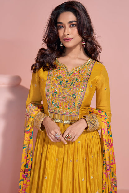 Indian Chinon Women's Wear Long Anarkali Gown for Haldi with Printed Dupatta Suit