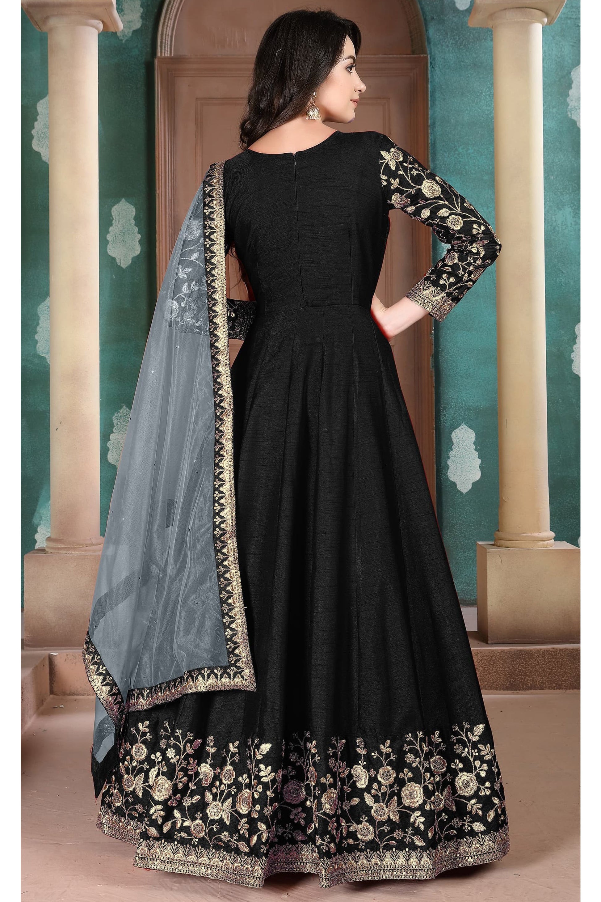 Black Designer Stitched Embroidery Worked Anarkali Gown With Net Dupatta 