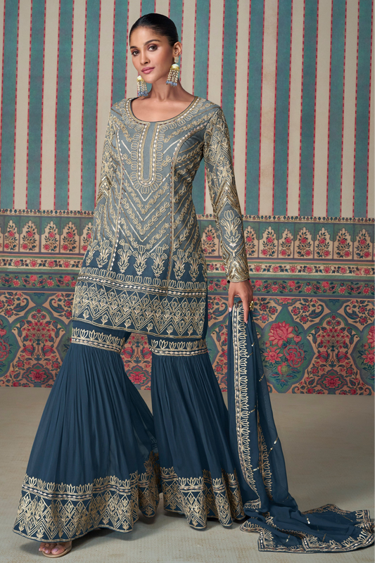 bridal sharara in blue with embroidered kurti