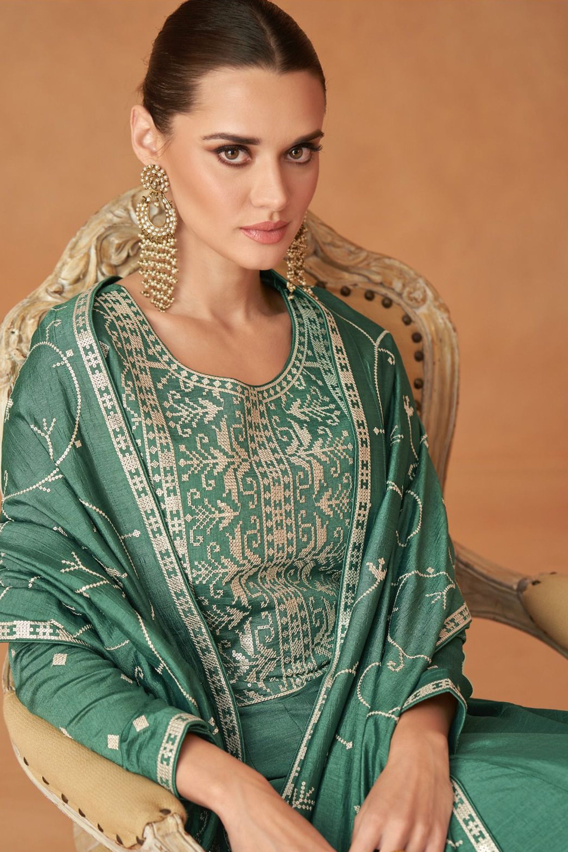 Pakistani Long Green Premium Silk Wedding Anarkali Dress With Dupatta For Women