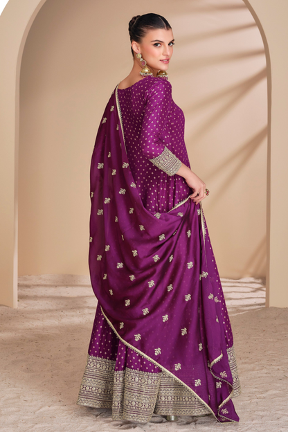 Wine Anarkali Gown Ethnic Party Wear Embroidery Worked Dupatta Suit