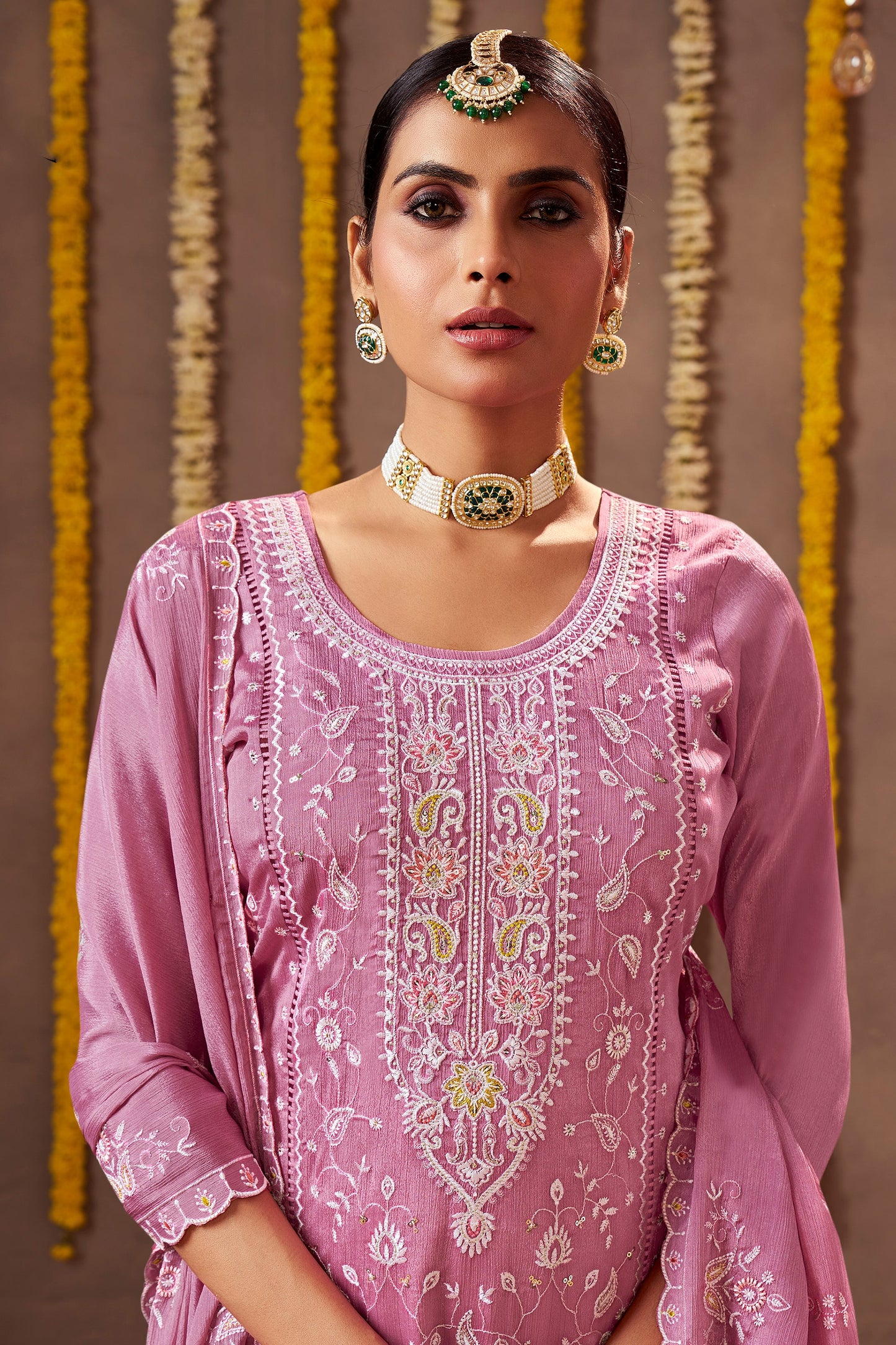 Stylish Plus Size Indian Designer Salwar Suit made from premium Chinon fabric.