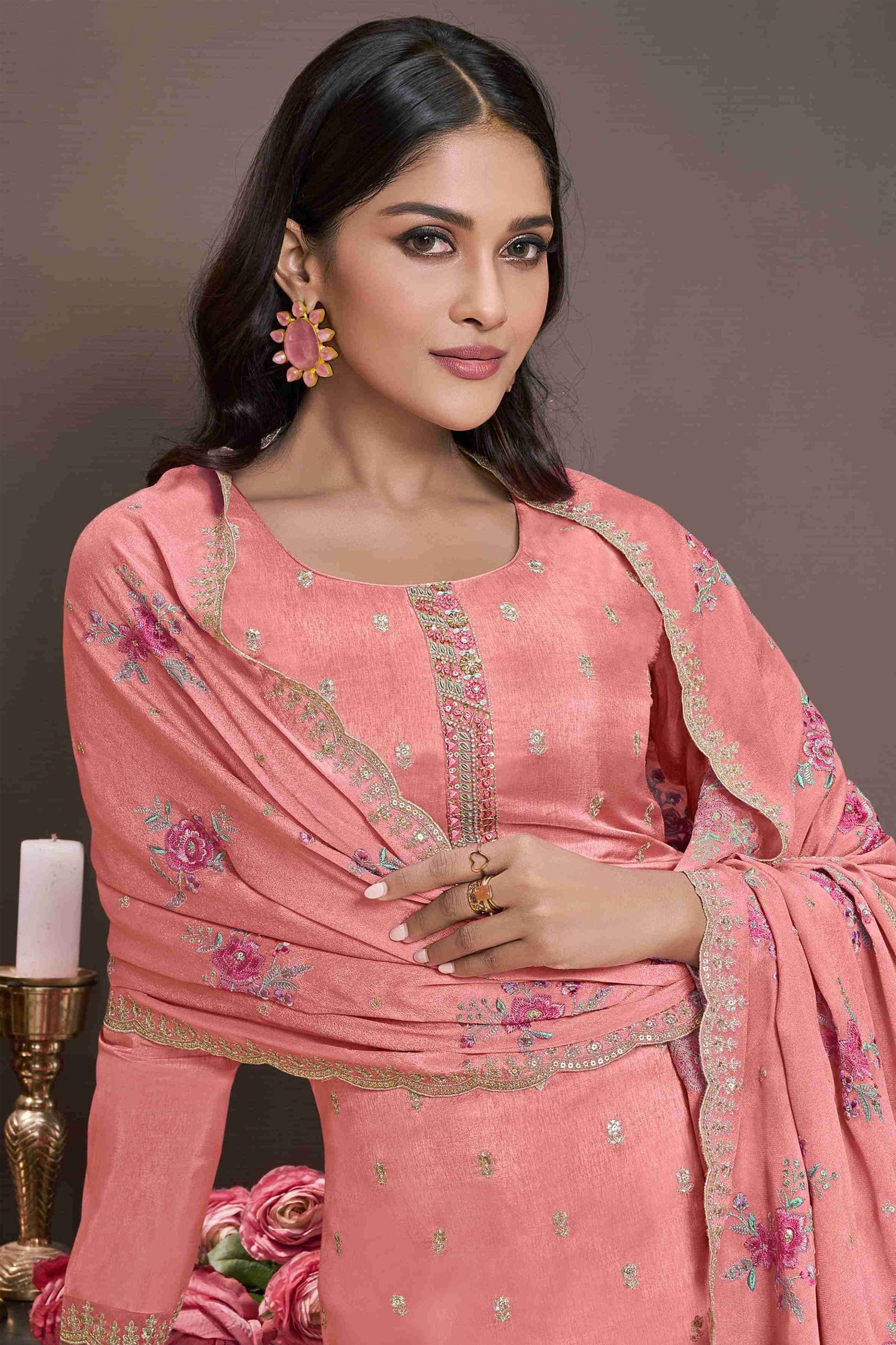 close-up silk kameez embroidery detail peach shalwar suit