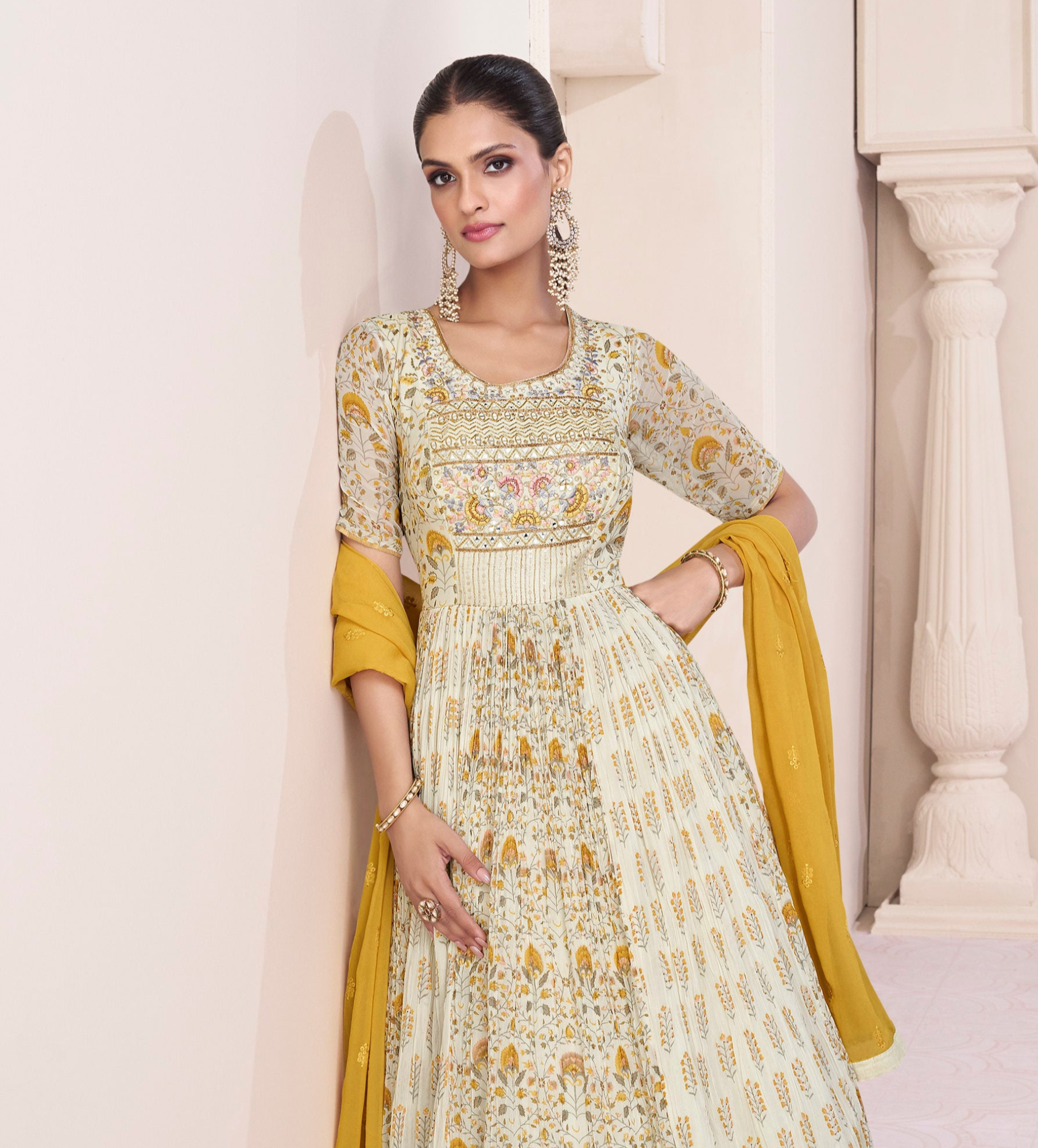 White Anarkali Gown Stitched Dupatta Ethni Party Wear Dupatta Suit for Her 