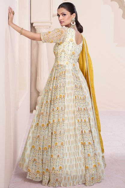 White Anarkali Gown Stitched Dupatta Ethni Party Wear Dupatta Suit for Her 