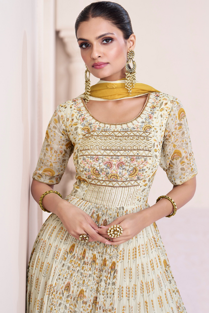 White Anarkali Gown Stitched Dupatta Ethni Party Wear Dupatta Suit for Her 