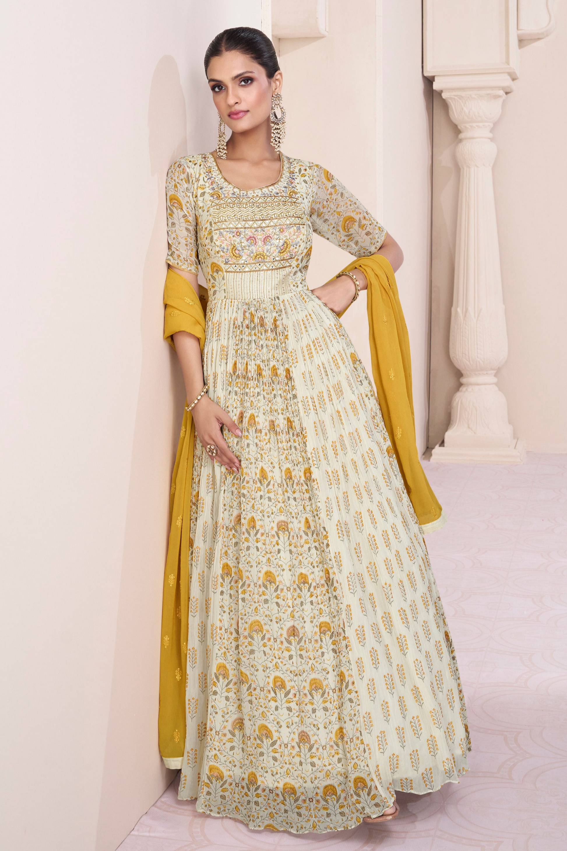 White Anarkali Gown Stitched Dupatta Ethni Party Wear Dupatta Suit for Her 