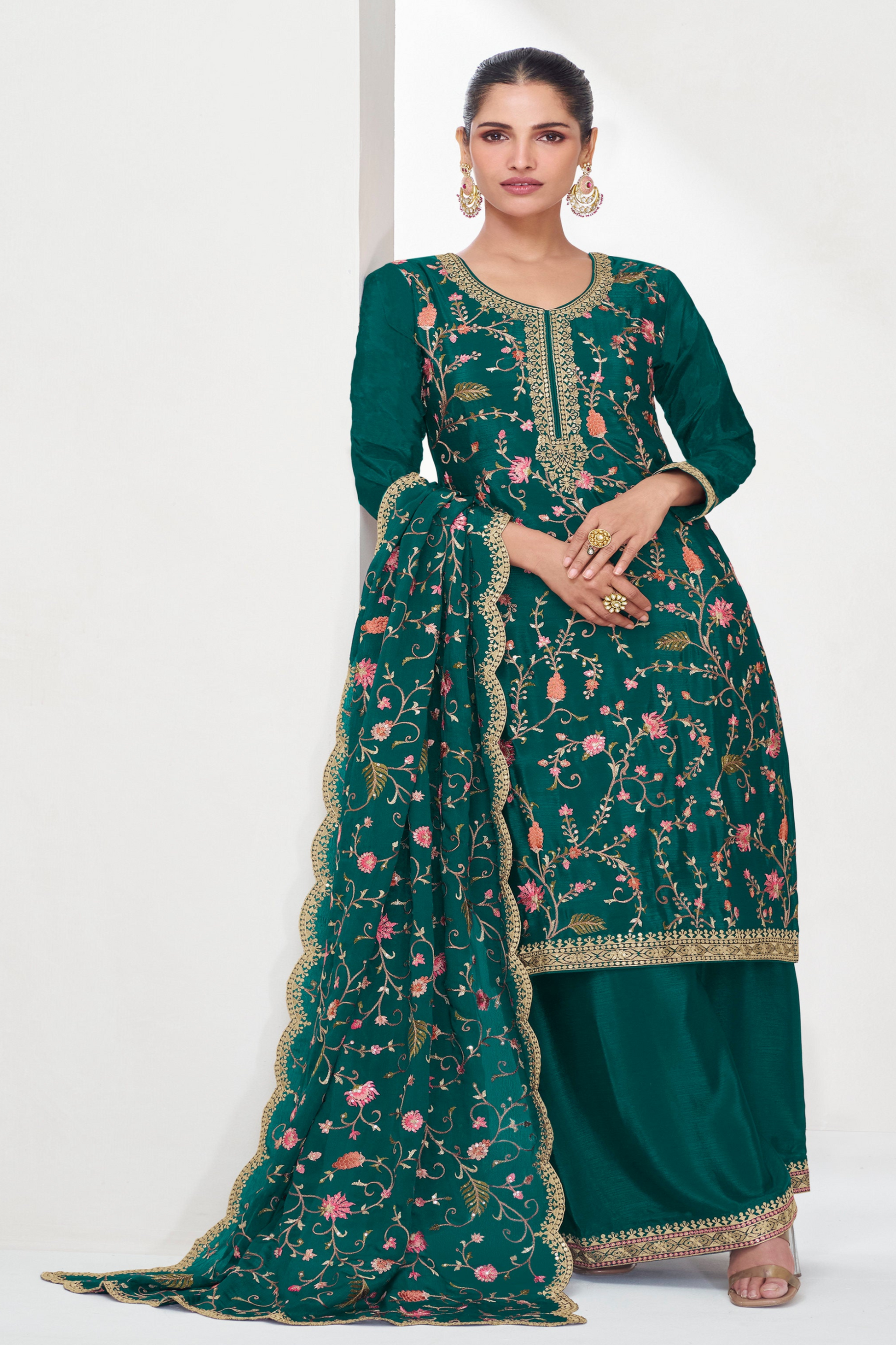 Green Traditional Look Heavy Embroidered Palazzo Suit For Reception