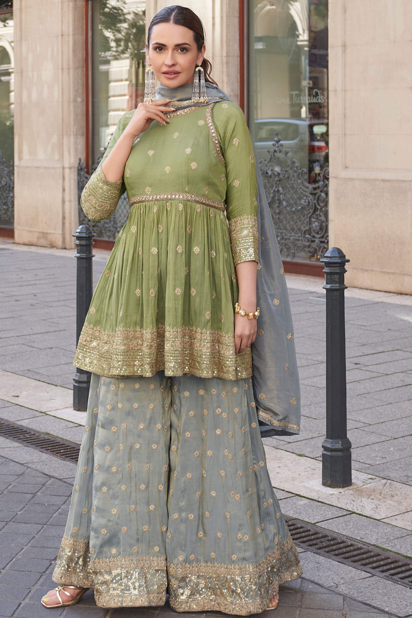 Close view of embroidery work on chinon silk sharara