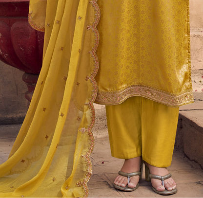 Gorgeous Traditional Jacquard Salwar Kameez Suit for Haldi and festive occasions.