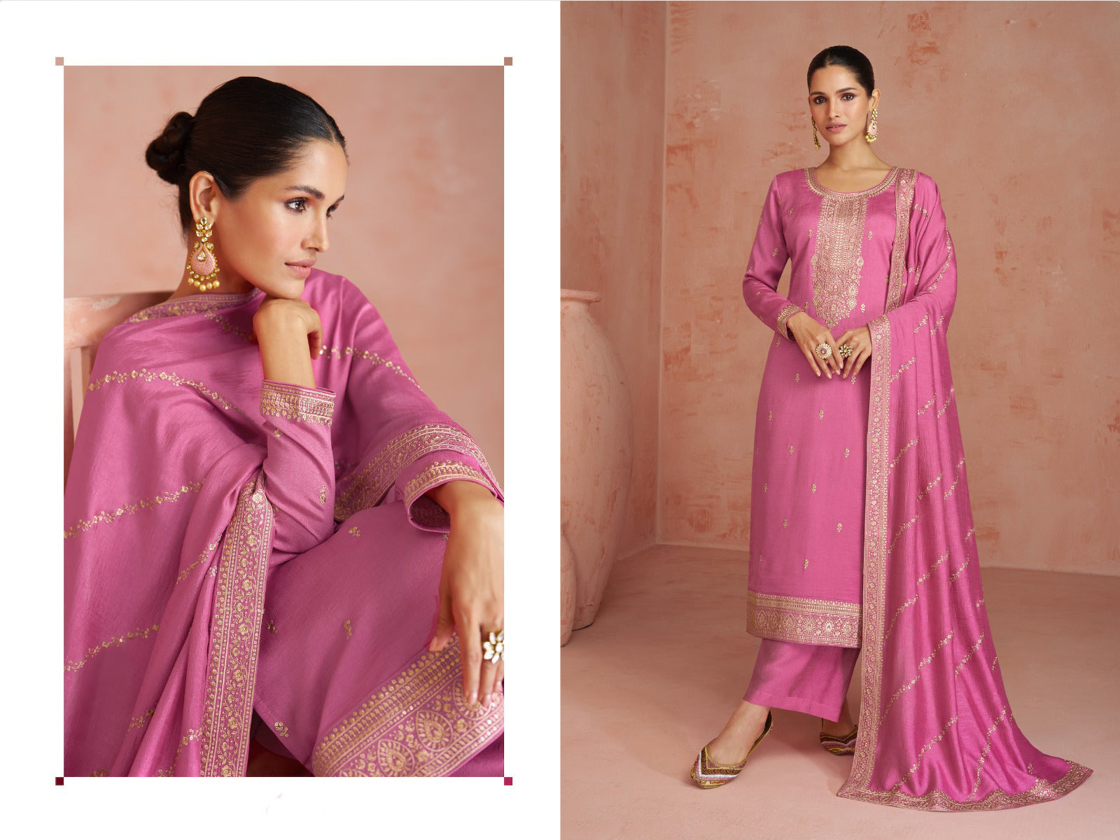 Pink Bridal Salwar Suit With Chinon Indian Wedding Dress USA