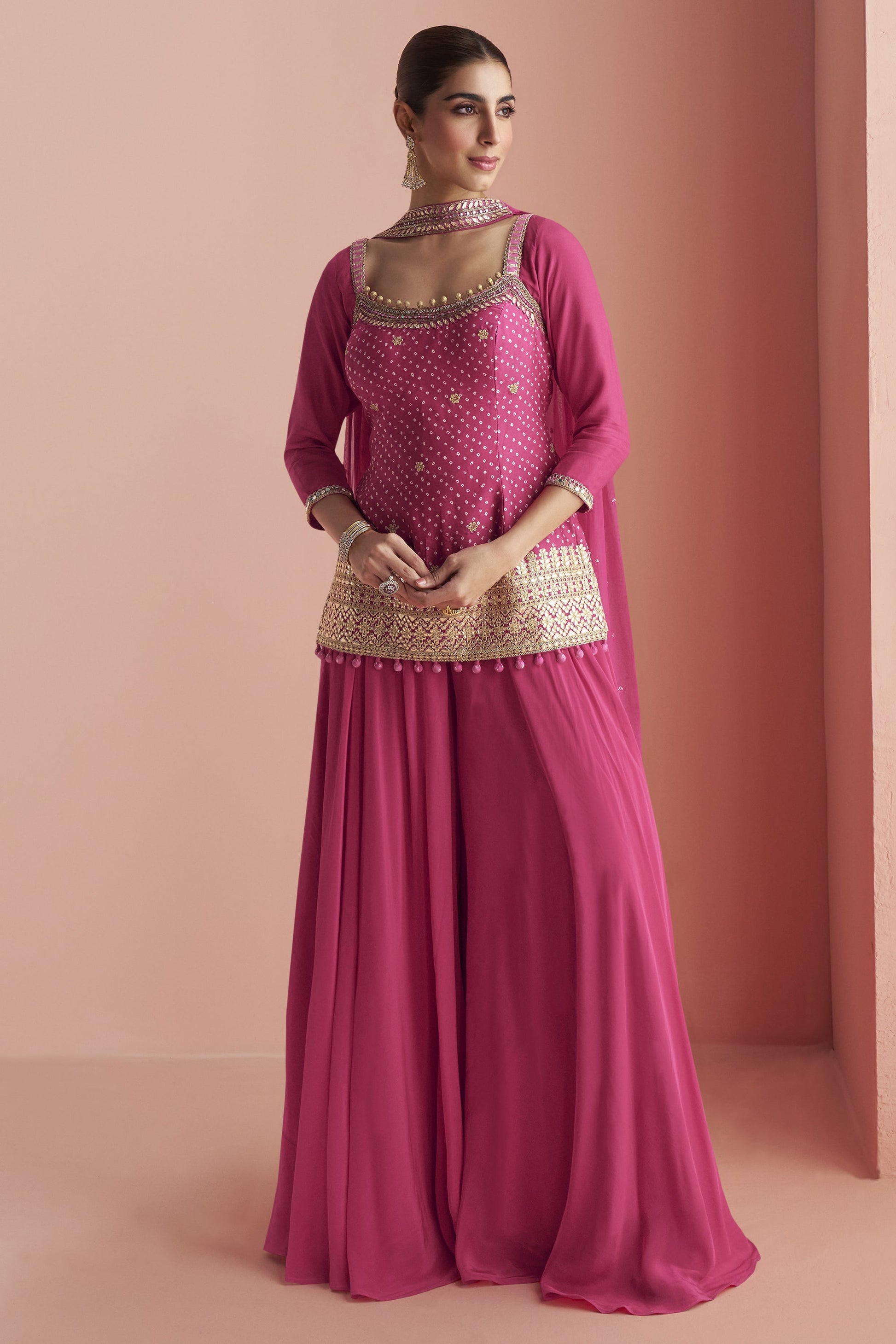 Indian Wear Designer Pink Palazzo Dress Set with Embroidered Dupatta