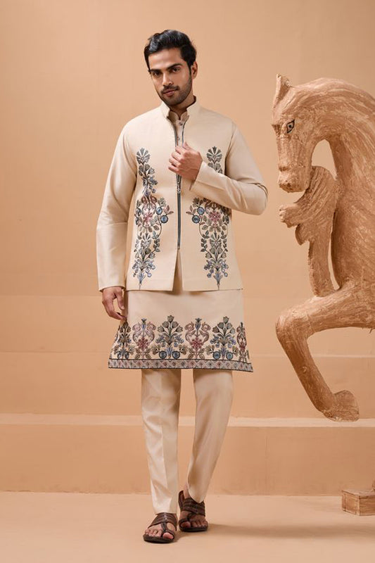 Mens Wear Kurta In Beige With Thread Sequence Embroidery