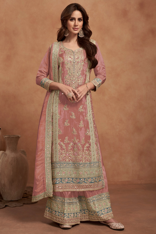 Exclusive Designer Embroidered Chinon Palazzo Suit 