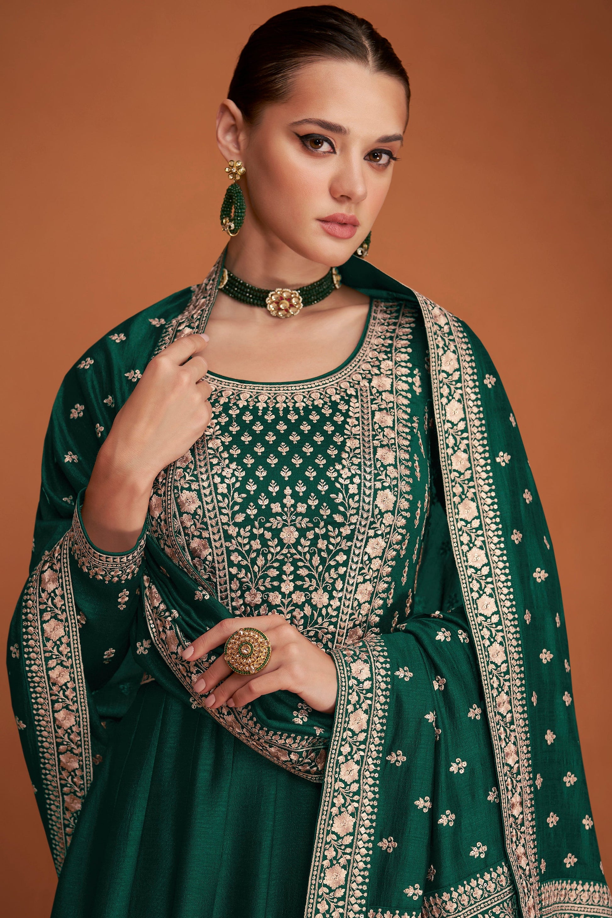 Function Party Wear Stylish Full Long Premium Silk Green Anarkali Dupatta Gown's