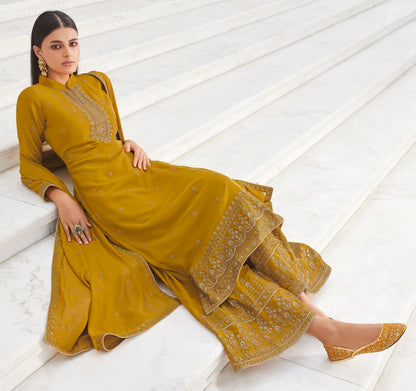 Stitched Designer Yellow Embroidered Plazzo Dress 