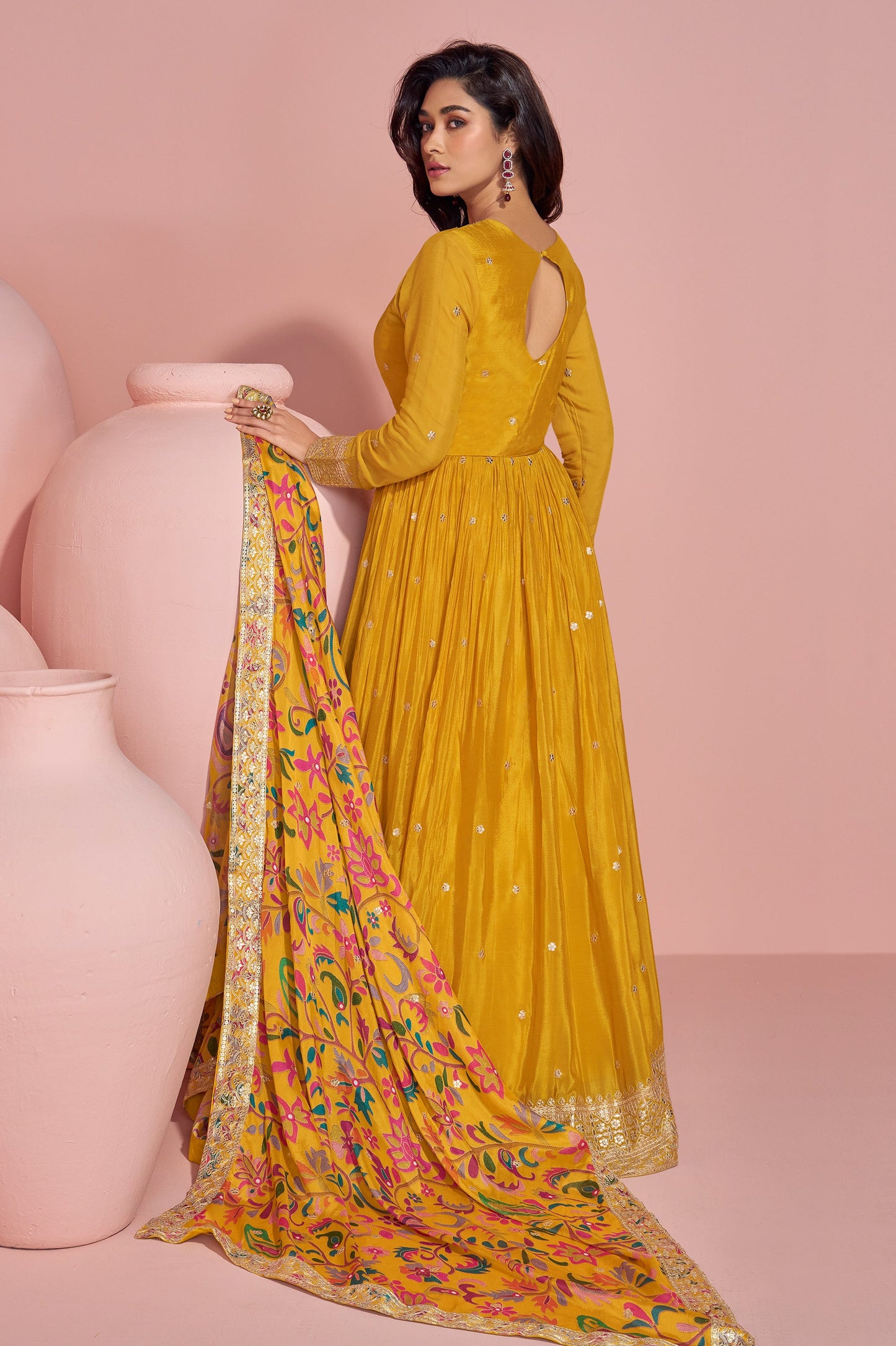 Indian Chinon Women's Wear Long Anarkali Gown for Haldi with Printed Dupatta Suit