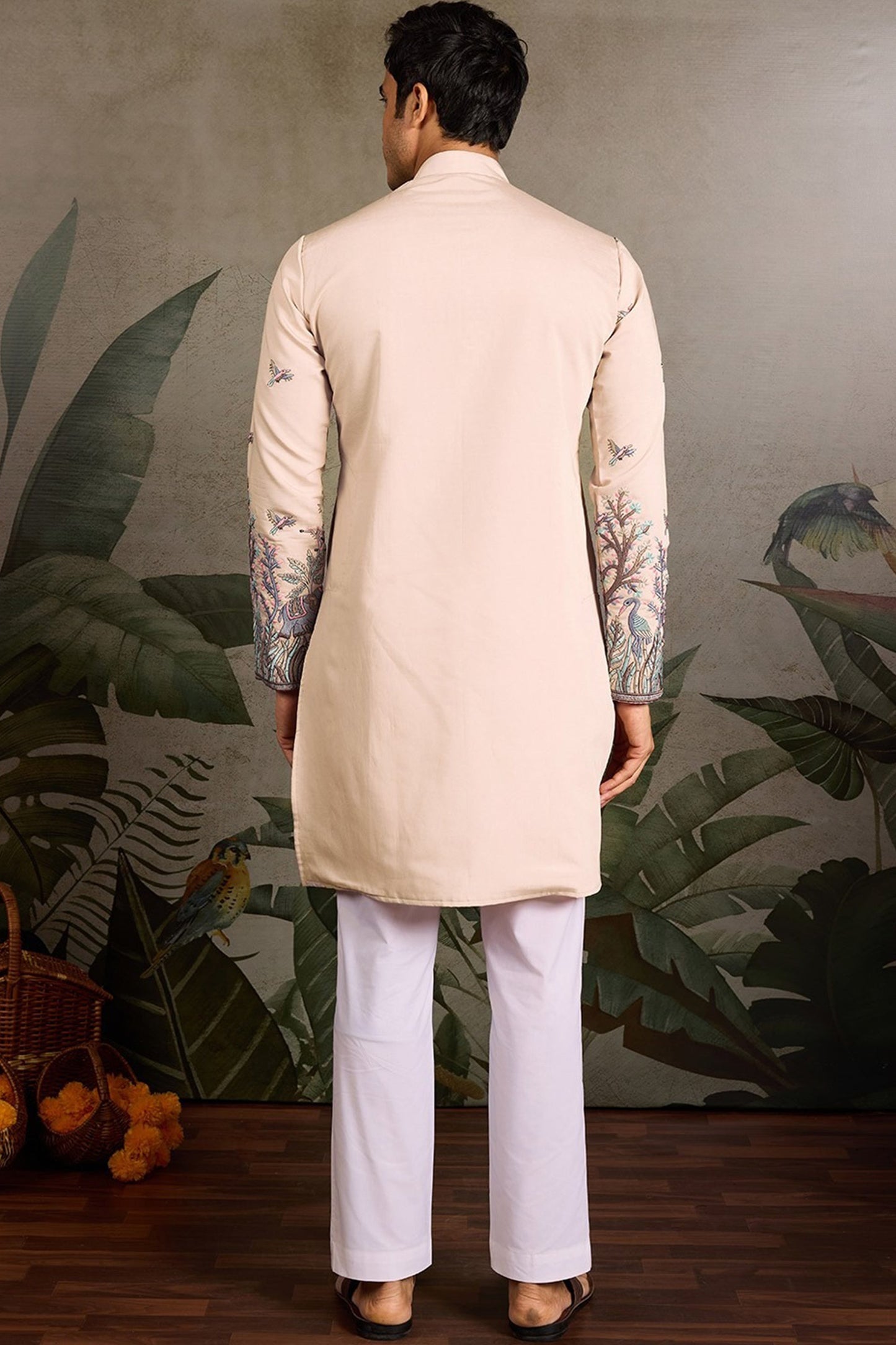Cotton men's kurta featuring sequence embroidery ethnic style