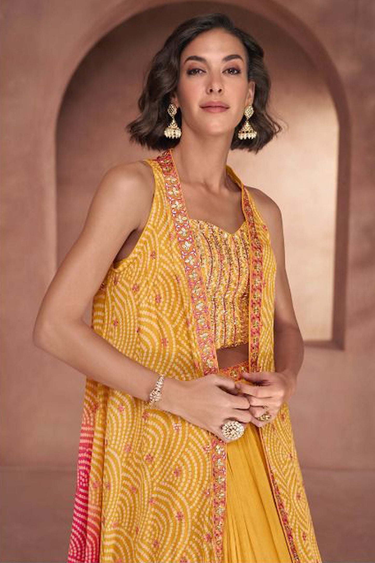 Haldi Function Wear Special Yellow Shrug Style Palazzo Suits Premium Silk For Wedding 