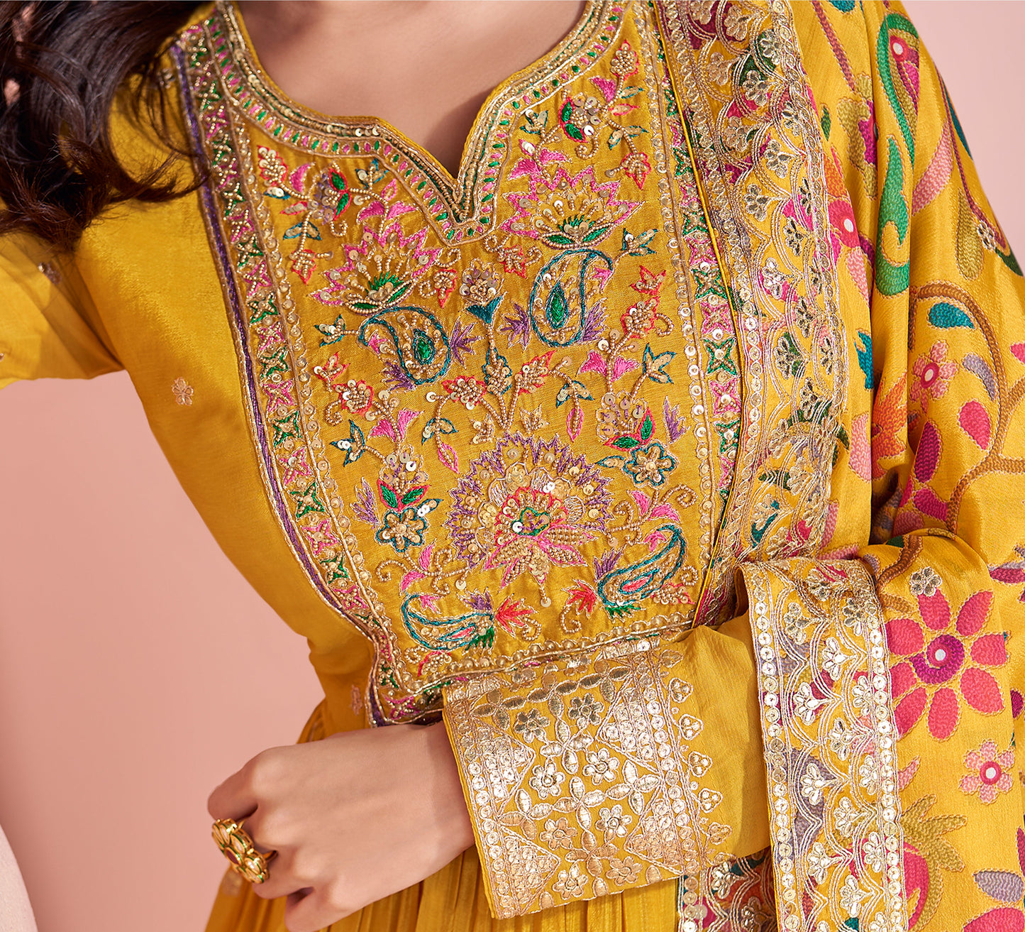 Indian Chinon Women's Wear Long Anarkali Gown for Haldi with Printed Dupatta Suit