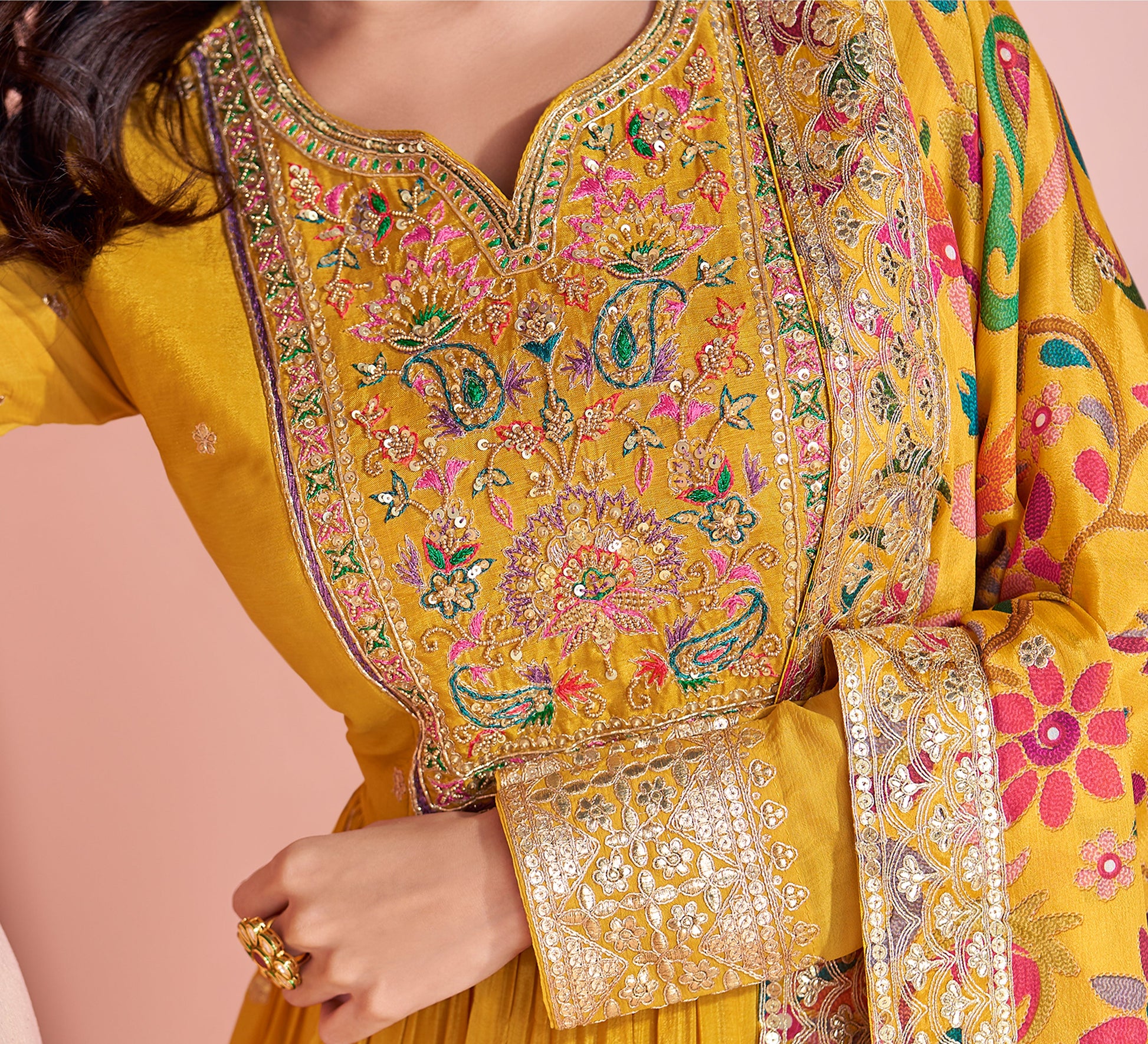 Indian Chinon Women's Wear Long Anarkali Gown for Haldi with Printed Dupatta Suit