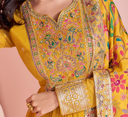 Indian Chinon Women's Wear Long Anarkali Gown for Haldi with Printed Dupatta Suit