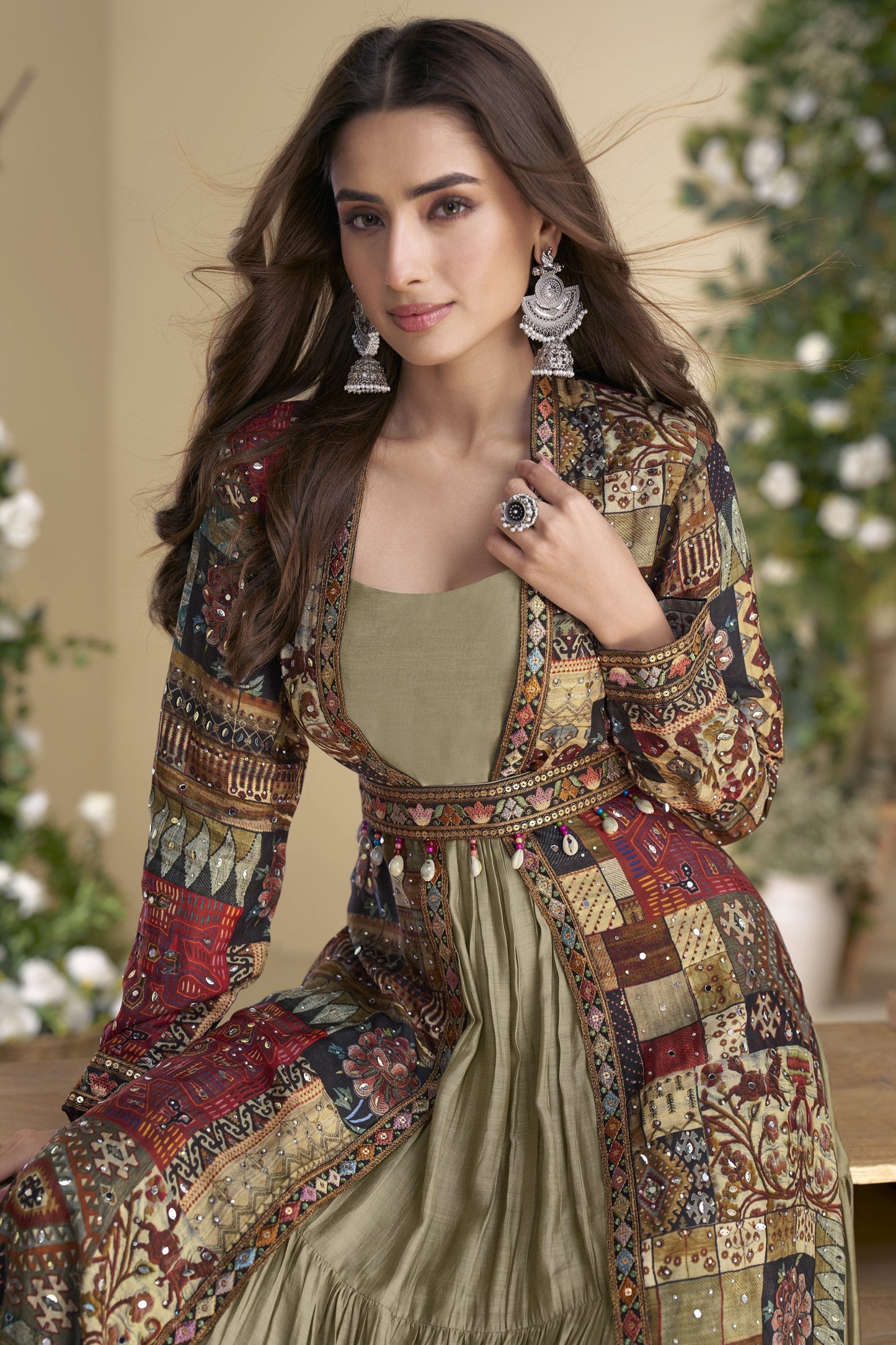 Sage Green Indo-Western Anarkali Gown in Silk Fabric with Embellished Work, Offering Stylish Look for Festive Occasions.