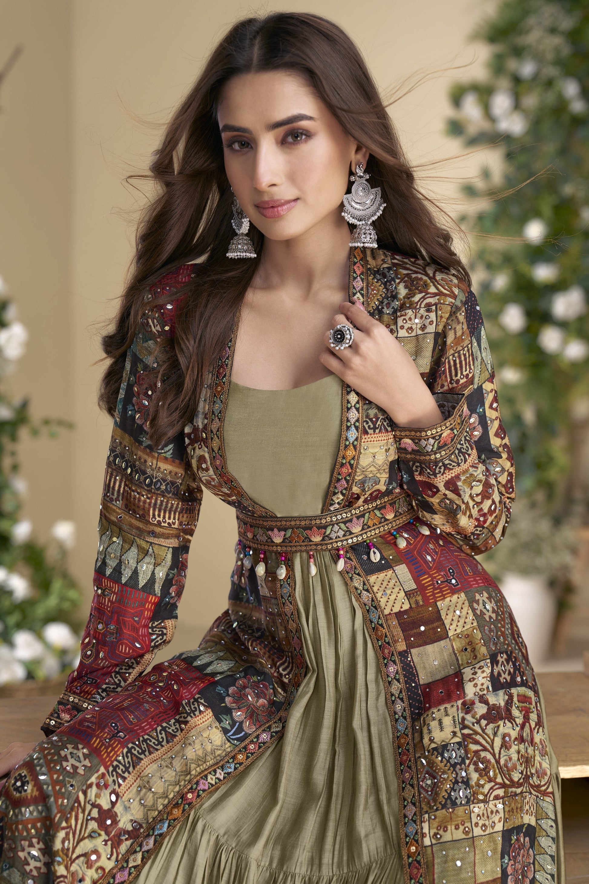 Sage Green Indo-Western Anarkali Gown in Silk Fabric with Embellished Work, Offering Stylish Look for Festive Occasions.