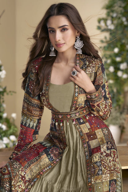 Sage Green Indo-Western Anarkali Gown in Silk Fabric with Embellished Work, Offering Stylish Look for Festive Occasions.
