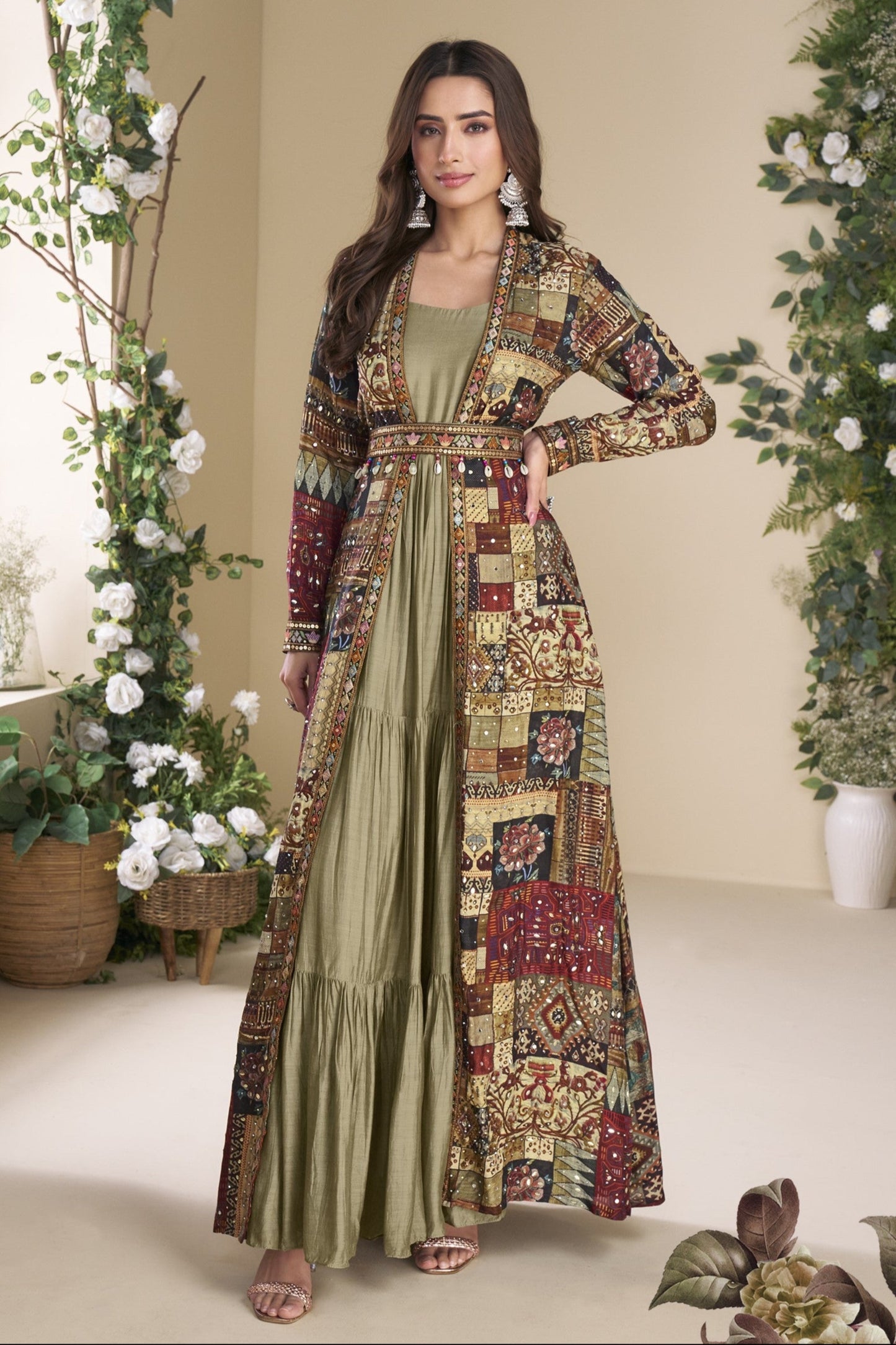 Sage Green Indo-Western Anarkali Gown in Silk Fabric with Embellished Work, Offering Stylish Look for Festive Occasions.