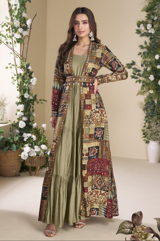 Sage Green Indo-Western Anarkali Gown in Silk Fabric with Embellished Work, Offering Stylish Look for Festive Occasions.
