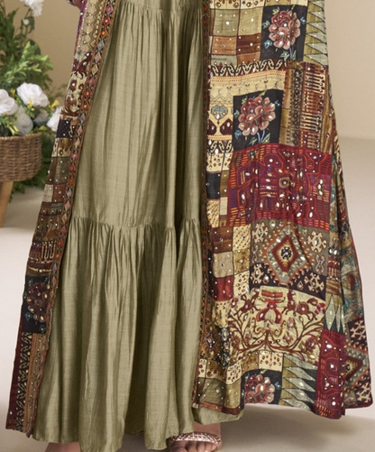 Sage Green Indo-Western Anarkali Gown in Silk Fabric with Embellished Work, Offering Stylish Look for Festive Occasions.

