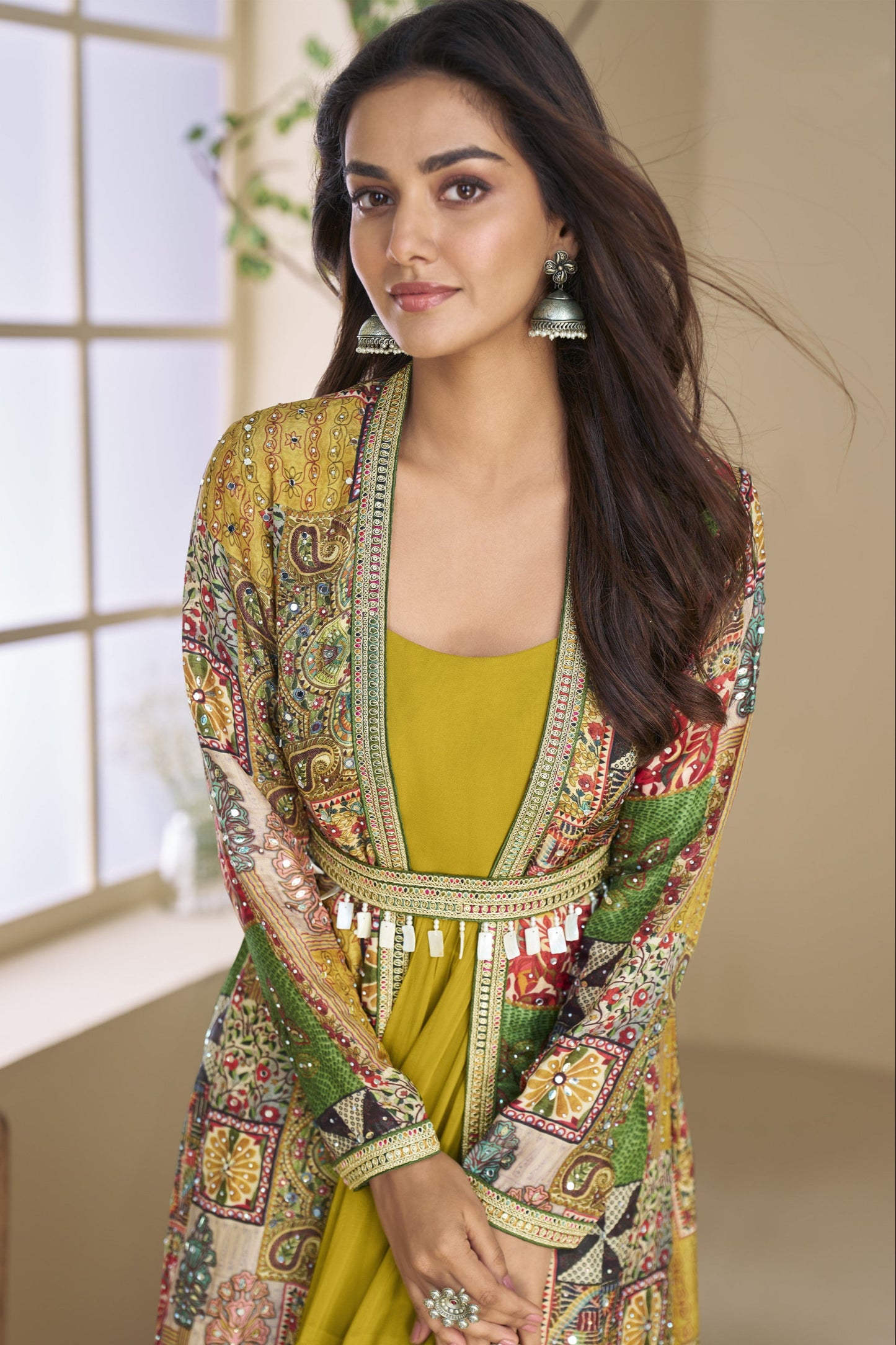 Dark Yellow Indo-Western Anarkali Gown in Silk Fabric with Embellished Work, Combining Vibrant Charm with Festive Clegance.