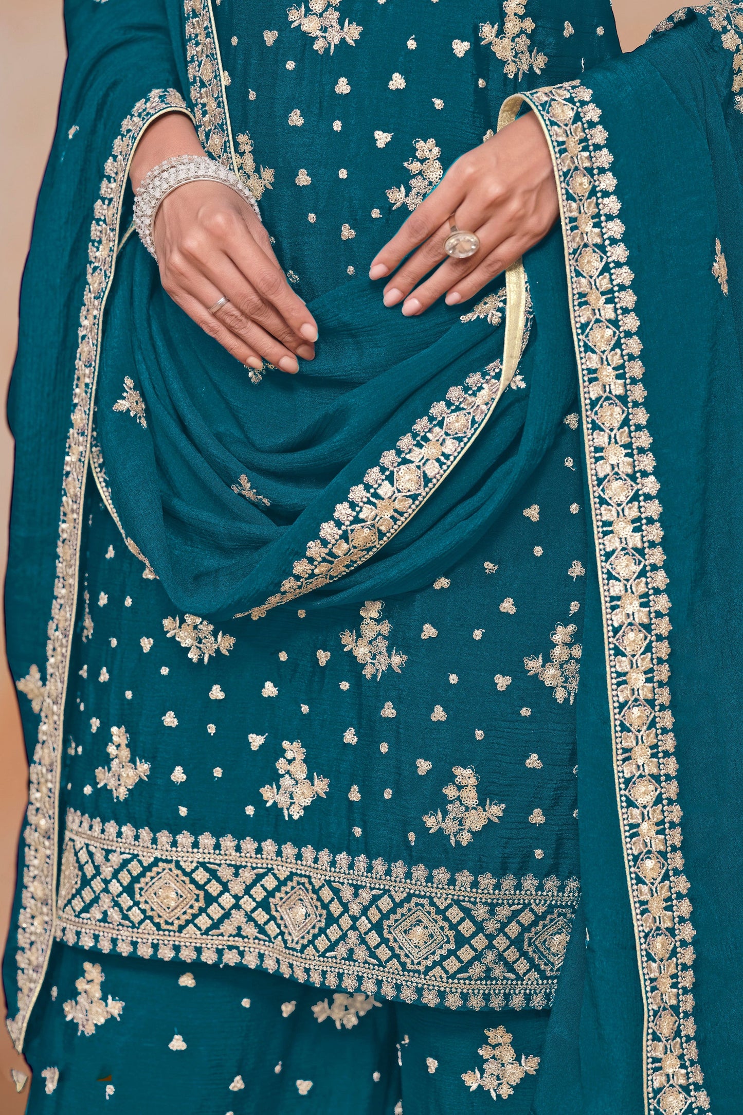 Teal Blue Heavy Embroidered Palazzo Suit 