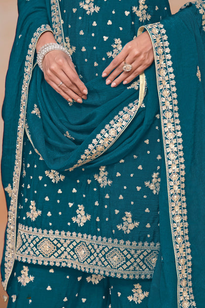 Teal Blue Heavy Embroidered Palazzo Suit 