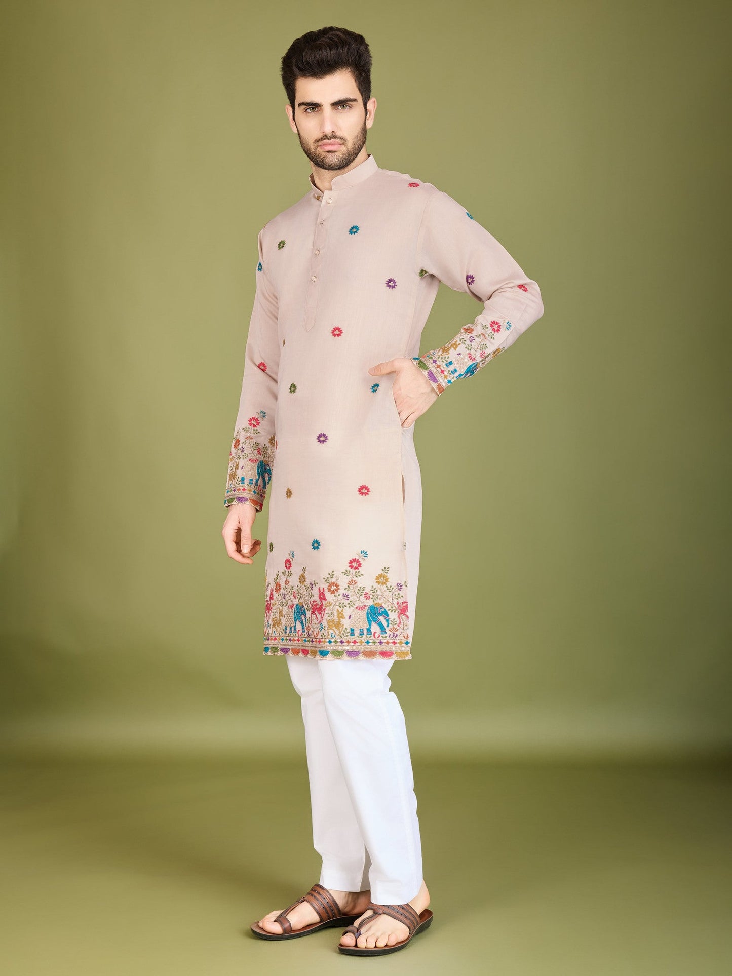 Mens Kurta Clothes Peach Shade Ethnic Look