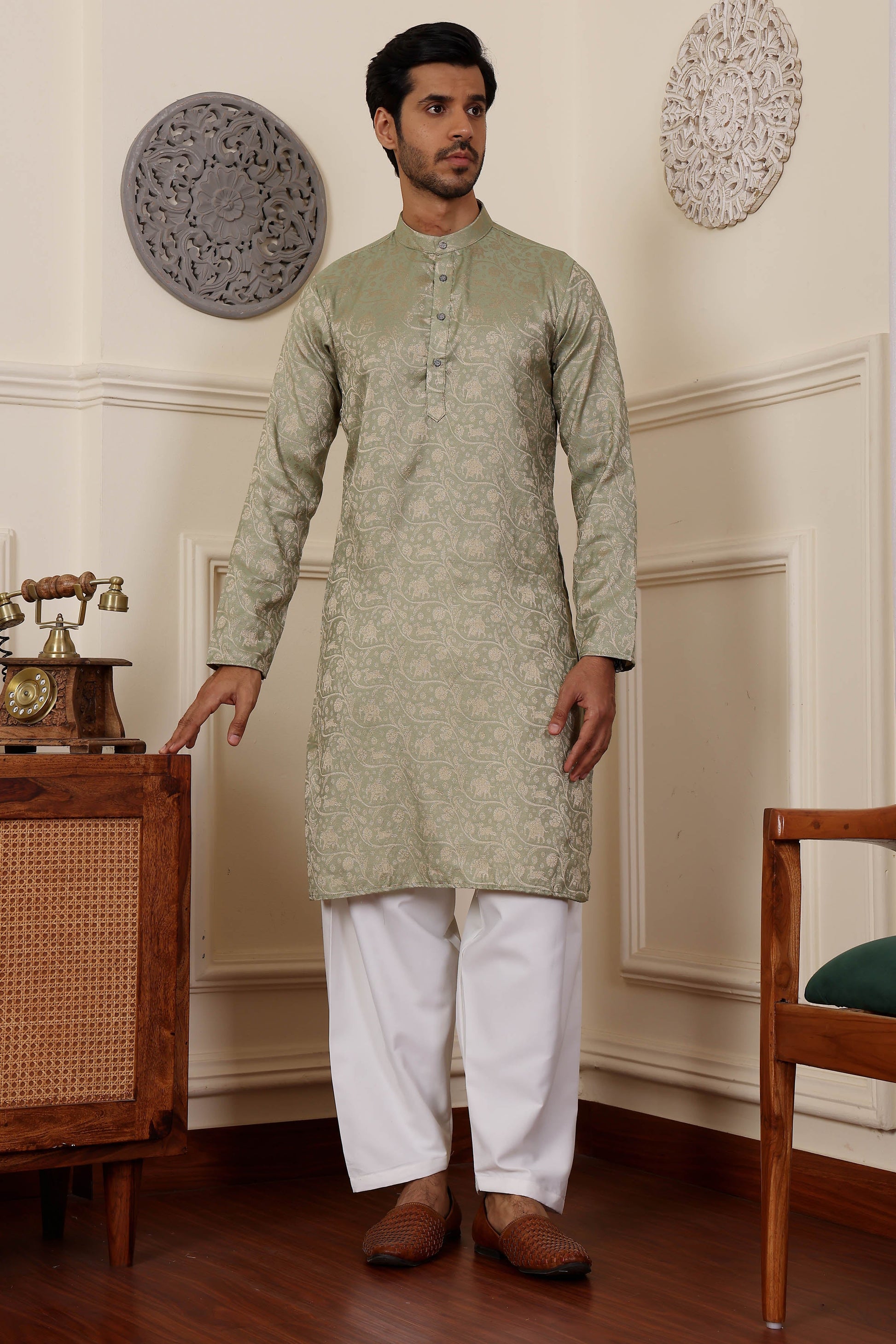 pyjama kurta men olive green coordinated look

